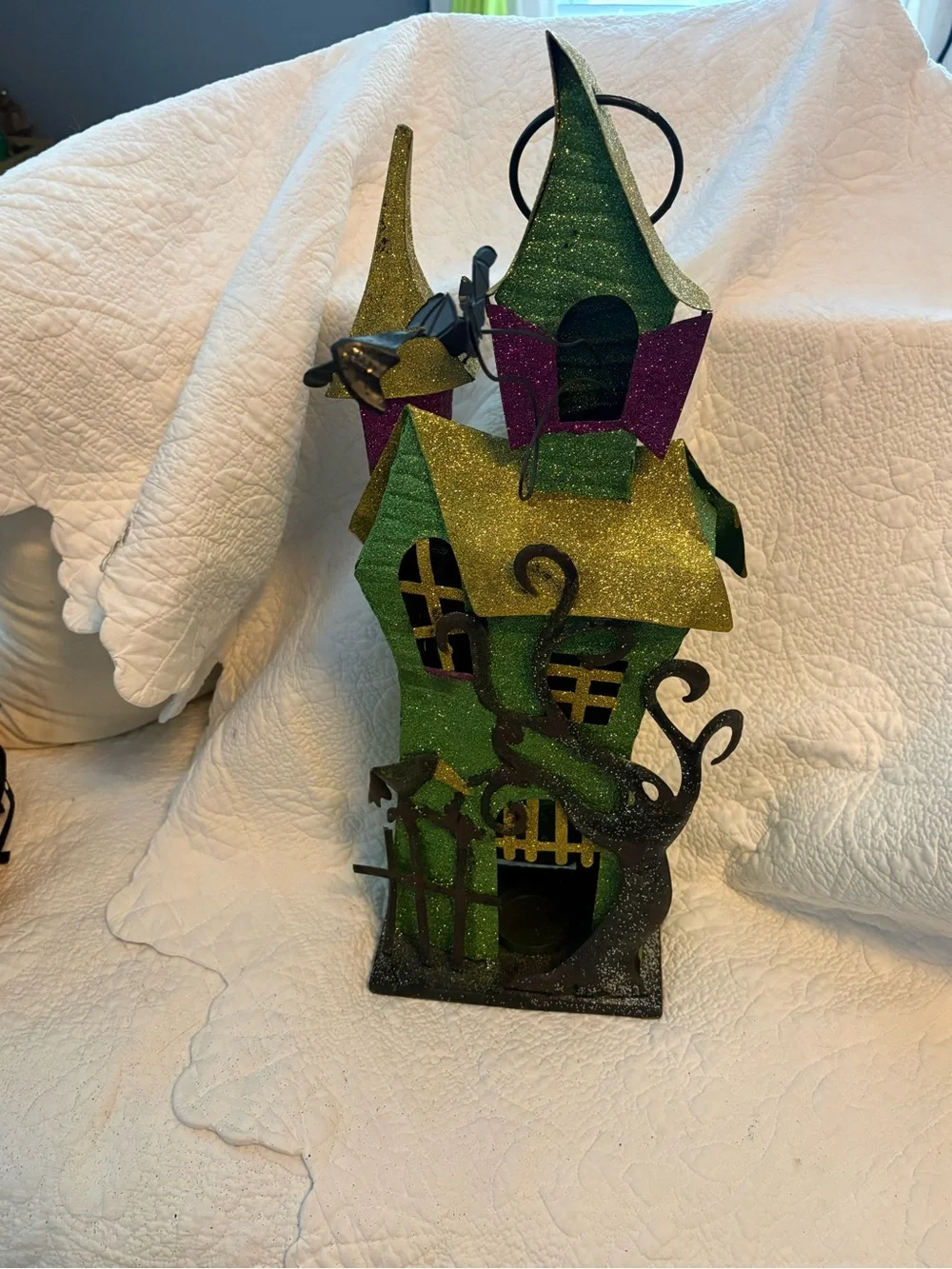 Glittered Halloween Lantern House - Green, Gold & Purple